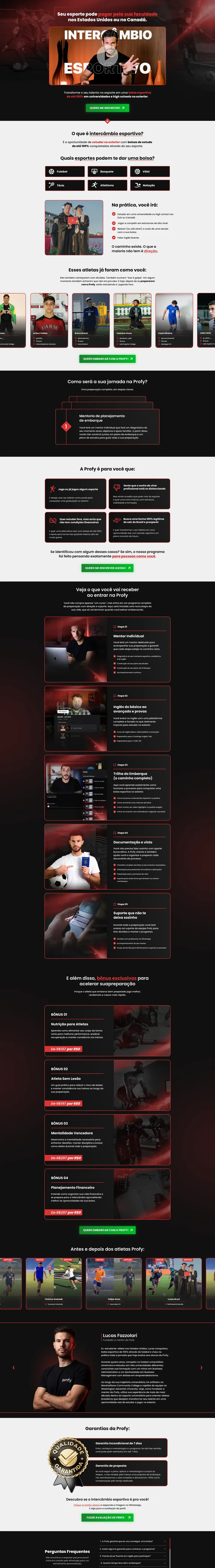 Página completa do site de Profy, do topo ao rodapé