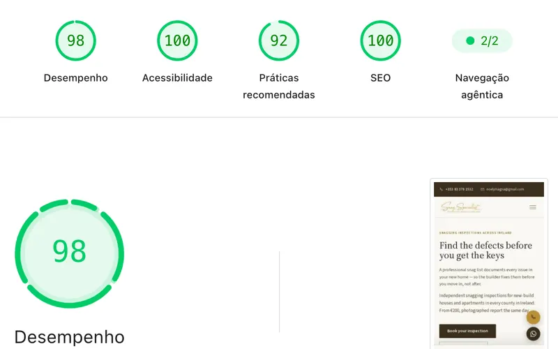 PageSpeed Insights, celular, out/2026 do site de Snag Specialist