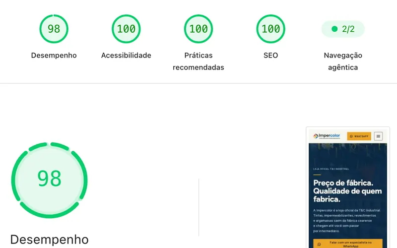 PageSpeed Insights, celular, out/2026 do site de Impercolor