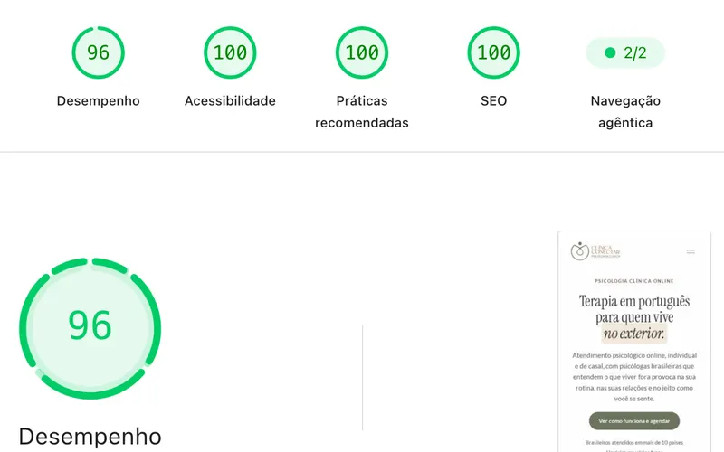 PageSpeed Insights, celular, out/2026 do site de Clínica Conectar