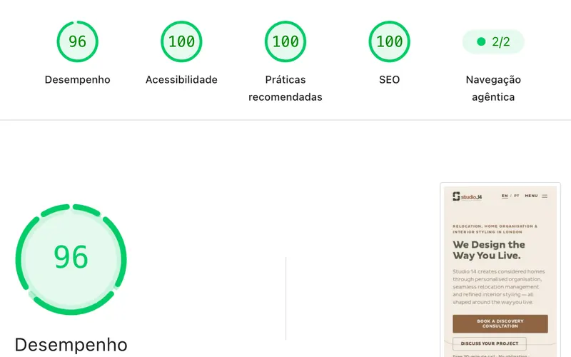 PageSpeed Insights, celular, out/2026 do site de Studio 14