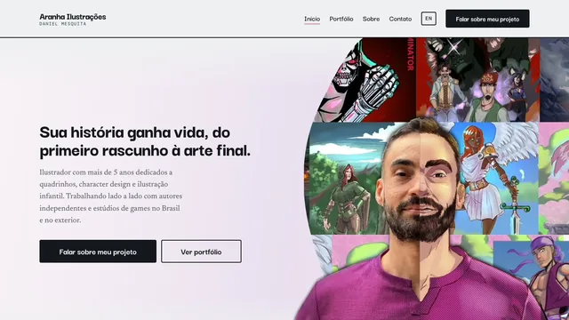 Página inicial do site de Aranha Ilustrações, criado pela Agência Alencar