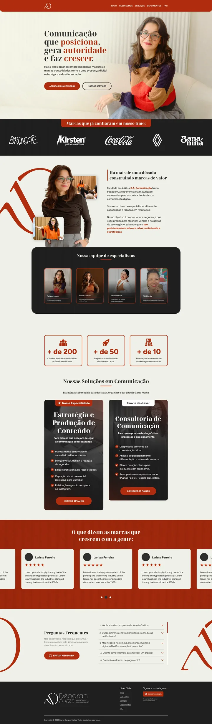 Página completa do site de D.A. Comunicação, do topo ao rodapé