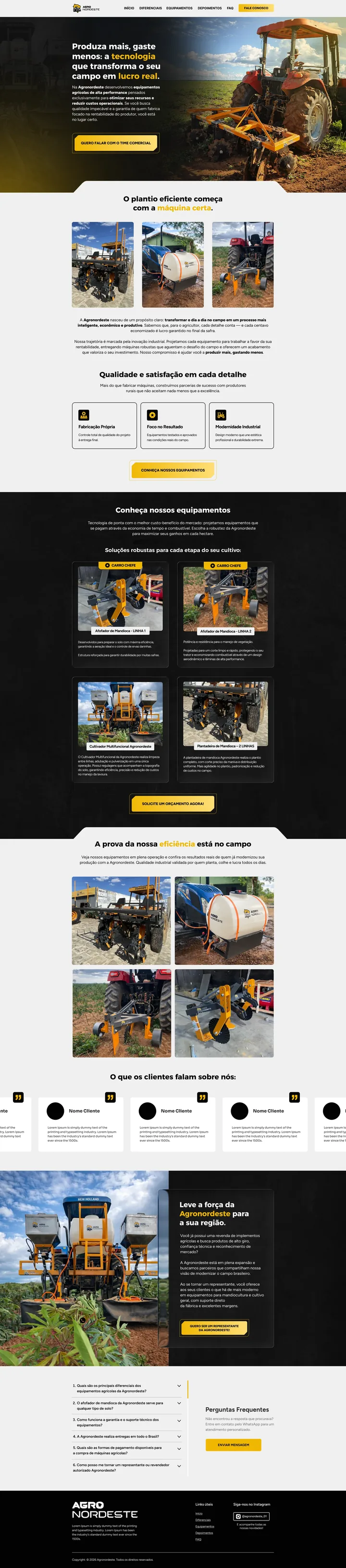 Página completa do site de Agronordeste, do topo ao rodapé