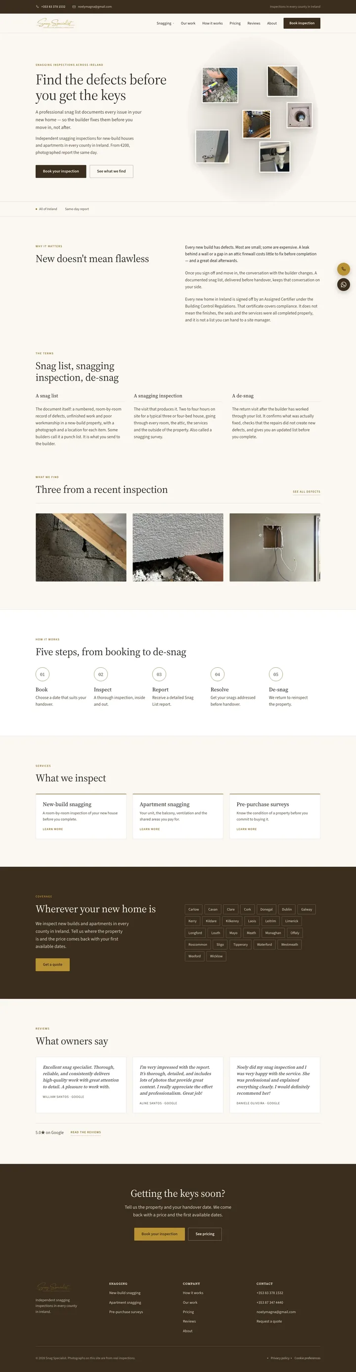Página completa do site de Snag Specialist, do topo ao rodapé