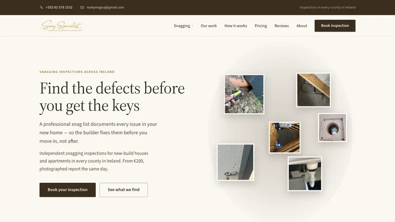 Primeira dobra do site de Snag Specialist