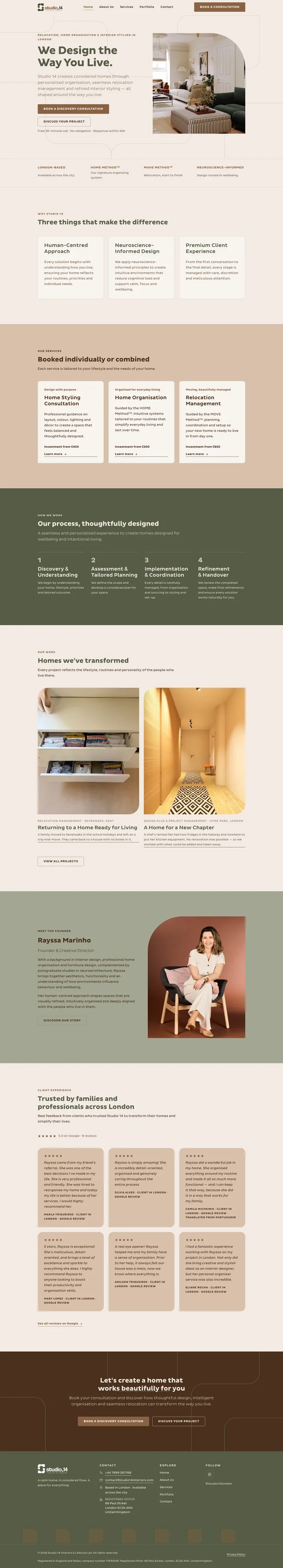 Página completa do site de Studio 14 Interiors & Life Styling, do topo ao rodapé