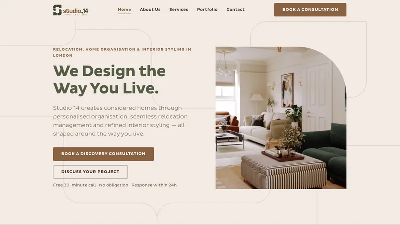 Primeira dobra do site de Studio 14 Interiors & Life Styling