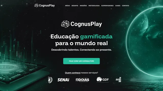 Página inicial do site de CognusPlay, criado pela Agência Alencar