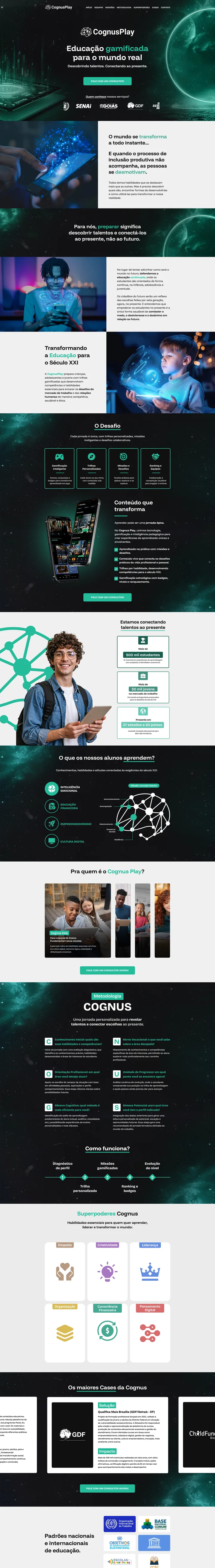 Página completa do site de CognusPlay, do topo ao rodapé