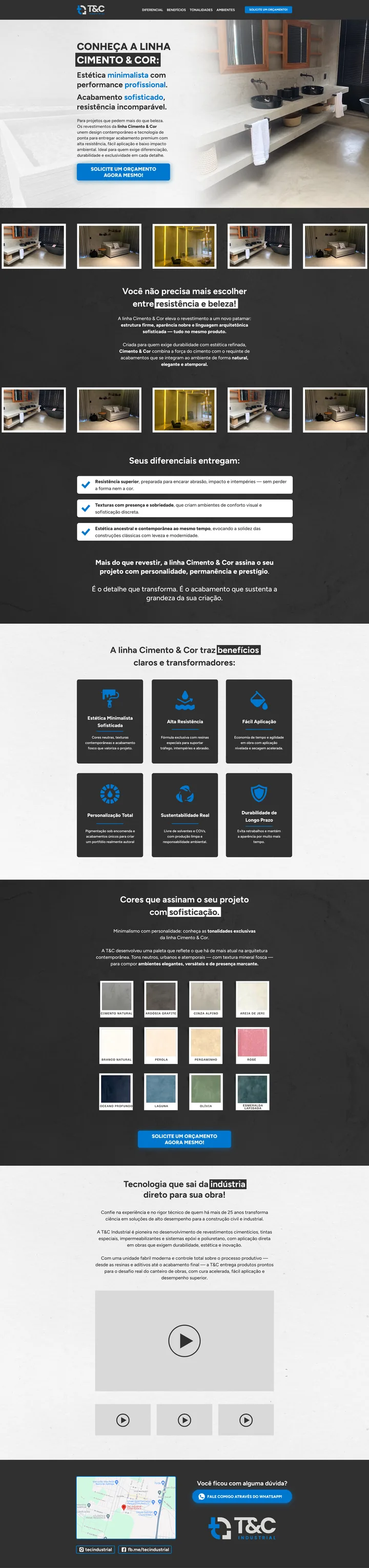 Página completa do site de TeC Cimento e Cor, do topo ao rodapé