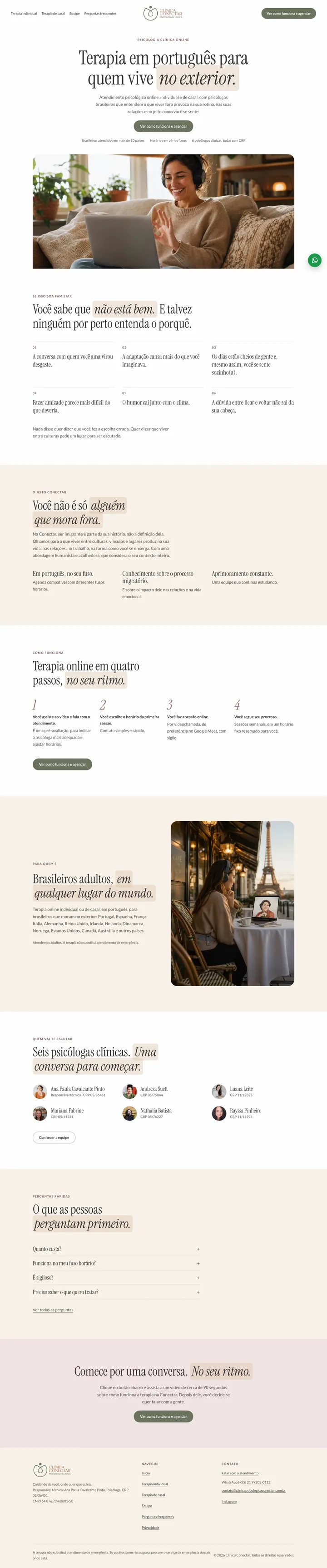 Página completa do site de Clínica Conectar, do topo ao rodapé